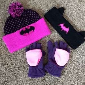Batman Kids Girls Hat Ear Warmer‎ Glove Bundle Pink Black Winter Warm Snow Puff